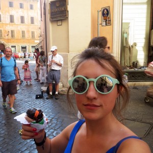 bert on the streets of rome.  aug 2014.  lucy in foreground.